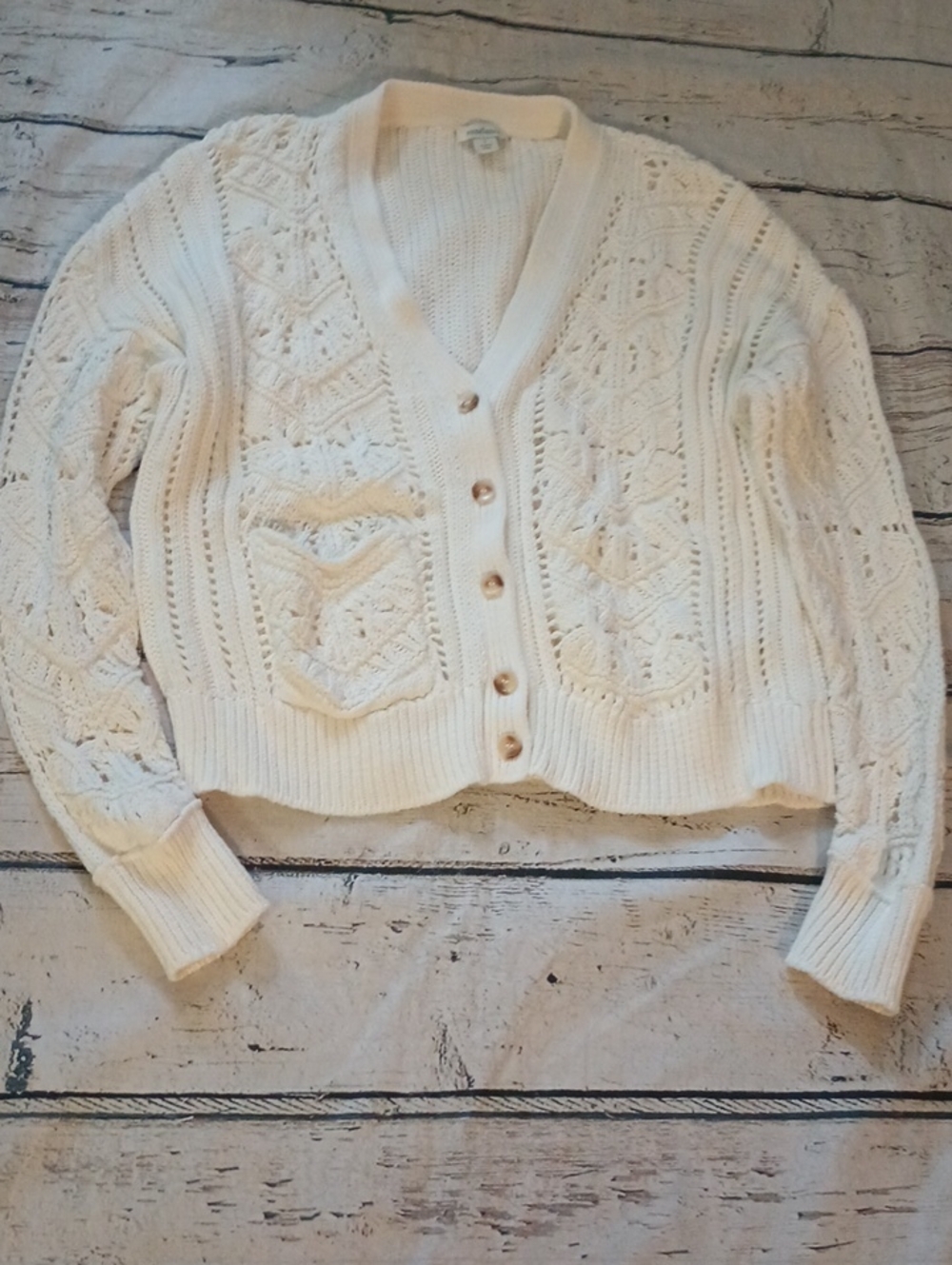 Sundance White Ivory Loose Cable Knit Cotton Cardigan L